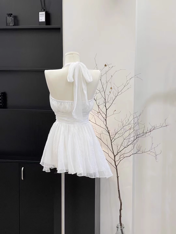 A Line Halter Ruffled White Short Women's Holiday Dresses Birthday Outfits With Beads SD198